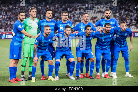 Athen, Griechenland. 8. Juni 2019. Spieler von Griechenland posieren für Fotos vor der UEFA Euro 2020 Gruppe J qualifier Fußballspiel in Athen, Griechenland, 8. Juni 2019. Credit: Panagiotis Moschandreou/Xinhua/Alamy leben Nachrichten Stockfoto