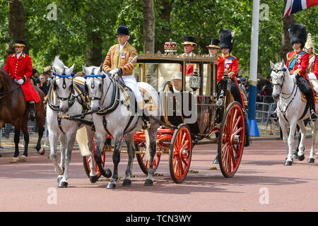 London, Großbritannien. 08 Juni, 2019. Die britische Königin Elizabeth II. ist in einer Kutsche auf dem Weg in die Horse Guards Parade während der Zeremonie die Farbe, die ihren 93. Geburtstag Mark gesehen. Credit: SOPA Images Limited/Alamy leben Nachrichten Stockfoto
