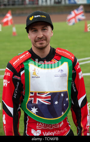 Glasgow, Schottland, Großbritannien. 08 Juni, 2019. Rohan Tungate - Australien während der FIM Speedway Grand Prix WM - Qualifikation Runde 1 an der Peugeot Parramatta Stadion, Glasgow am Samstag, den 8. Juni 2019. (Credit: Ian Charles | MI Nachrichten) Credit: MI Nachrichten & Sport/Alamy leben Nachrichten Stockfoto