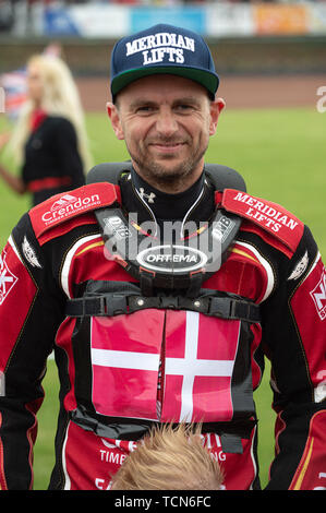 Glasgow, Schottland, Großbritannien. 08 Juni, 2019. Hans Andersen - Dänemark während der FIM Speedway Grand Prix WM - Qualifikation Runde 1 an der Peugeot Parramatta Stadion, Glasgow am Samstag, den 8. Juni 2019. (Credit: Ian Charles | MI Nachrichten) Credit: MI Nachrichten & Sport/Alamy leben Nachrichten Stockfoto