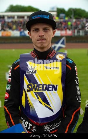 Glasgow, Schottland, Großbritannien. 08 Juni, 2019. Jakob Thorssell - Schweden während der FIM Speedway Grand Prix WM - Qualifikation Runde 1 an der Peugeot Parramatta Stadion, Glasgow am Samstag, den 8. Juni 2019. (Credit: Ian Charles | MI Nachrichten) Credit: MI Nachrichten & Sport/Alamy leben Nachrichten Stockfoto