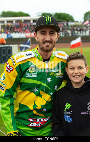 Glasgow, Schottland, Großbritannien. 08 Juni, 2019. Chris Halter - Australien während der FIM Speedway Grand Prix WM - Qualifikation Runde 1 an der Peugeot Parramatta Stadion, Glasgow am Samstag, den 8. Juni 2019. (Credit: Ian Charles | MI Nachrichten) Credit: MI Nachrichten & Sport/Alamy leben Nachrichten Stockfoto
