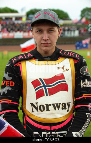 Glasgow, Schottland, Großbritannien. 08 Juni, 2019. Glenn Moi-Norwegen während der FIM Speedway Grand Prix WM - Qualifikation Runde 1 an der Peugeot Parramatta Stadion, Glasgow am Samstag, den 8. Juni 2019. (Credit: Ian Charles | MI Nachrichten) Credit: MI Nachrichten & Sport/Alamy leben Nachrichten Stockfoto