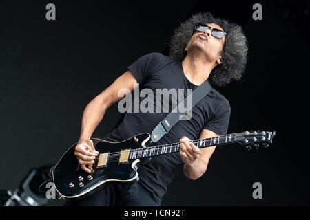 Nürnberg, Deutschland. 09 Juni, 2019. William DuVall, Sänger der US-band Alice in Chains, ist auf der Bühne des Open Air Festival "Rock im Park". Die Musik Festival läuft noch bis zum 9. Juni 2019. Credit: Daniel Karmann/dpa/Alamy leben Nachrichten Stockfoto