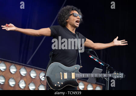 Nürnberg, Deutschland. 09 Juni, 2019. William DuVall, Sänger der US-band Alice in Chains, ist auf der Bühne des Open Air Festival "Rock im Park". Die Musik Festival läuft noch bis zum 9. Juni 2019. Credit: Daniel Karmann/dpa/Alamy leben Nachrichten Stockfoto