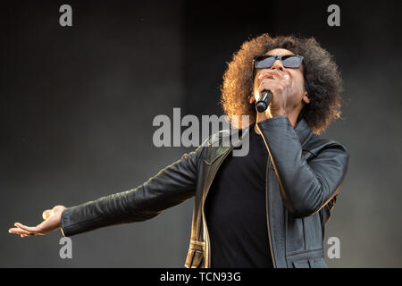 Nürnberg, Deutschland. 09 Juni, 2019. William DuVall, Sänger der US-band Alice in Chains, ist auf der Bühne des Open Air Festival "Rock im Park". Die Musik Festival läuft noch bis zum 9. Juni 2019. Credit: Daniel Karmann/dpa/Alamy leben Nachrichten Stockfoto