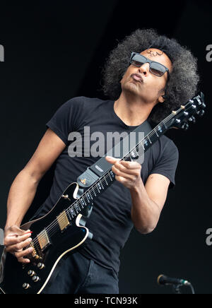 Nürnberg, Deutschland. 09 Juni, 2019. William DuVall, Sänger der US-band Alice in Chains, ist auf der Bühne des Open Air Festival "Rock im Park". Die Musik Festival läuft noch bis zum 9. Juni 2019. Credit: Daniel Karmann/dpa/Alamy leben Nachrichten Stockfoto