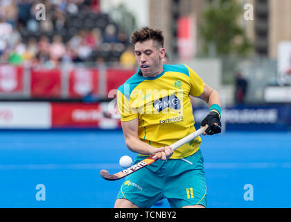 London, Großbritannien. 09 Jun, 2019. OCKENDEN Eddie (C) der Australien während FIH-Pro League Match zwischen Großbritannien gegen Australien (Männer) an Lea Valley Hockey und Tennis Center am Sonntag, Juni 09, 2019 in London, England. (Nur redaktionelle Nutzung, eine Lizenz für die gewerbliche Nutzung erforderlich. Keine Verwendung in Wetten, Spiele oder einer einzelnen Verein/Liga/player Publikationen.) Credit: Taka G Wu/Alamy leben Nachrichten Stockfoto