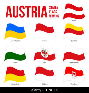 Österreich Alle Staaten Fahnen schwenkten Vector Illustration auf weißem Hintergrund. Alle Staaten Österreich. Stockfoto