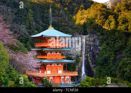 Japanischen Tempel und Wasserfall bei Nachi Taisha, Kansai Provinz Stockfoto