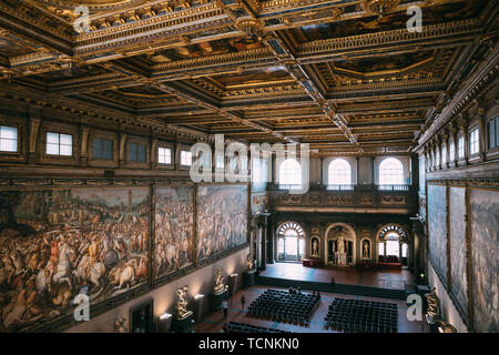 Florenz, Italien, 24. Juni 2018: Panoramablick auf Interieur und die Kunst des Palazzo Vecchio (Alter Palast) ist das Rathaus von Florenz Stockfoto