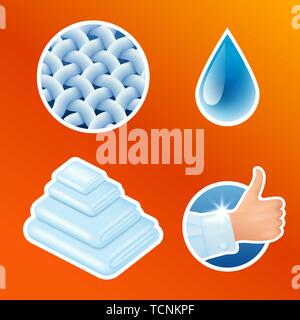 Waschen von Kleidung Aufkleber Set, saubere Wäsche, Fasern, Wasser fallen, Daumen nach oben Symbole isoliert, Vector Illustration. Stock Vektor