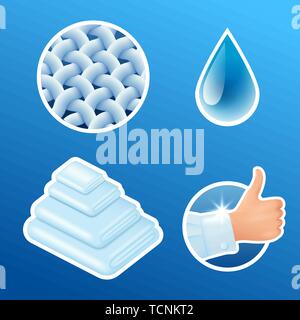 Waschen von Kleidung Aufkleber Set, saubere Wäsche, Fasern, Wasser fallen, Daumen nach oben Symbole isoliert, Vector Illustration. Stock Vektor