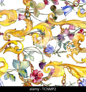 Gold Monogramm floralen Ornament. Barock design isolierte Elemente. Aquarell Abbildung. Aquarell Zeichnung mode Aquarelle. Nahtlose backgrou Stockfoto
