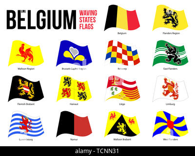 Belgien Alle Region & Provinzen Flagge schwenkten Vector Illustration auf weißem Hintergrund. Flagge von Belgien. Die richtige Größe, Proportion und Farben. Stockfoto