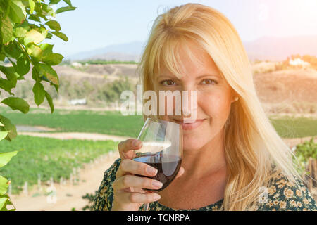 Schöne junge Frau mit einem Glas Wein Weinprobe im Weinberg. Stockfoto