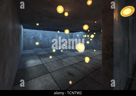 Drei-dimensionale Darstellung, alten und geheimnisvollen unterirdischen Raum in der Nacht Stockfoto