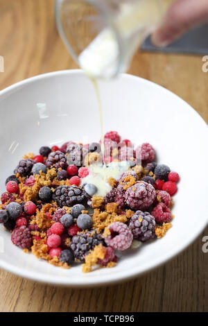 Licht, leckeren Frühstück. Blaubeeren mit hausgemachtem Müsli und griechischer Joghurt. Horizontale Komposition. Stockfoto