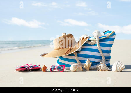 Seashells im Vorderteil der Handtasche auf Sand am Strand Stockfoto