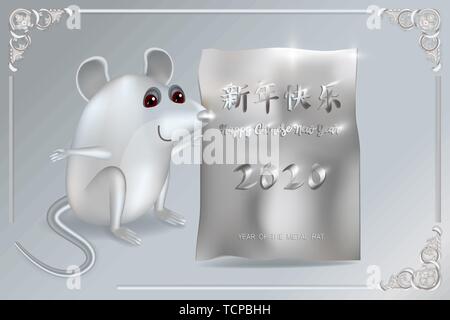 Chinesisches Neujahr 2020 Grußkarte wth cute White Metal Ratte, Sternzeichen, Holding neue Jahr Packungsbeilage. Vector Illustration. Hintergrund für die Grußkarte Stock Vektor