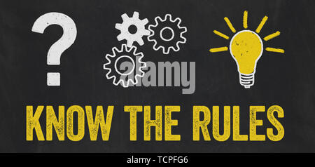 Fragezeichen, Zahnräder, Glühbirne Konzept - kennen die Regeln Stockfoto