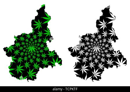 Piemont (Autonome Region Italiens, Italienische Republik) Karte cannabis Blatt grün und schwarz ausgelegt ist, Piemont Karte aus Marihuana (Marihuana, THC) Stock Vektor