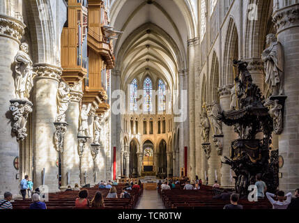 Innenraum der Kathedrale St. Michael und St. Gudula in Brüssel, Belgien, durch Sonnenlicht mit der großen Orgel und die barocke Kanzel beleuchtet. Stockfoto