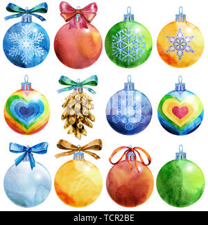 Satz 3 von Watercolor Christmas tree Ball mit Bild des Schweine- und Schneeflocken. Karte für Ihre Kreativität Stockfoto