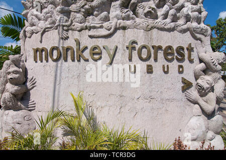 Ubud, Bali, Indonesien - 17. Mai 2019: Schließen Sie herauf Bild der Affenwald Text lesen auf der Monkey Forest in Ubud, Bali-Ind entfernt Stockfoto