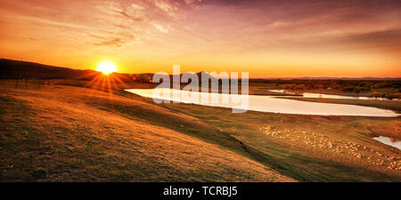 Auf einem kleinen Hügel in der Nähe von Hailar, war die Sonne über unter dem Horizont zu fallen und den Sonnenuntergang rot am Himmel. Unter den Hang, eine Herde von weidenden Schafen bewegt sich langsam in Richtung Kreis der Schafe im Angesicht der untergehenden Sonne. Stockfoto