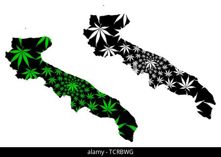 Apulien (Autonome Region Italiens, Italienische Republik) Karte cannabis Blatt grün und schwarz ausgelegt ist, Apulien Karte aus Marihuana (Marihuana, THC) Foli Stock Vektor