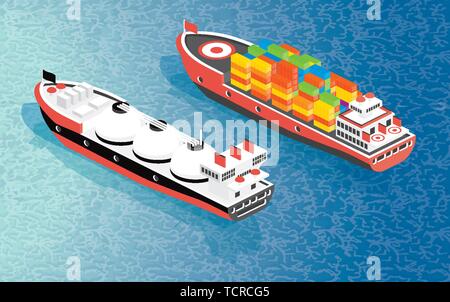 Isometrische Frachtschiff Container und LNG Carrier Schiff. Vector Illustration. Liefer- Güterverkehr. Stock Vektor