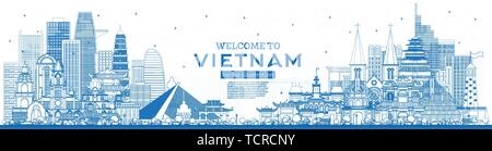 Überblick Willkommen in Vietnam Skyline mit blauen Gebäude. Vector Illustration. Tourismus Konzept mit historischer Architektur. Stock Vektor