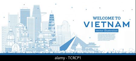 Überblick Willkommen in Vietnam Skyline mit blauen Gebäude. Vector Illustration. Tourismus Konzept mit historischer Architektur. Stock Vektor