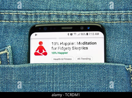 MONTREAL, KANADA - Dezember 23, 2018: Meditation android app 10 Prozent zufriedener auf Samsung S8-Bildschirm. Stockfoto