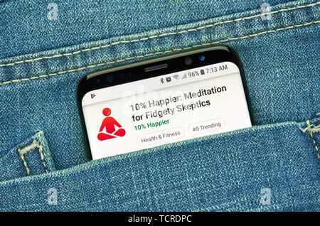 MONTREAL, KANADA - Dezember 23, 2018: Meditation android app 10 Prozent zufriedener auf Samsung S8-Bildschirm. Stockfoto