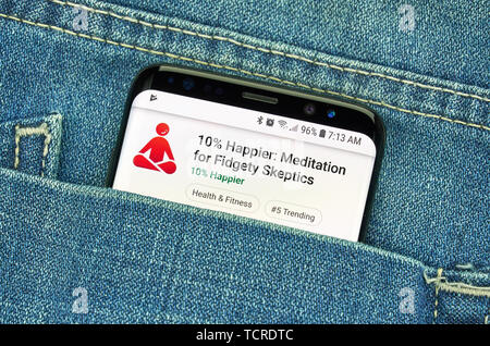 MONTREAL, KANADA - Dezember 23, 2018: Meditation android app 10 Prozent zufriedener auf Samsung S8-Bildschirm. Stockfoto