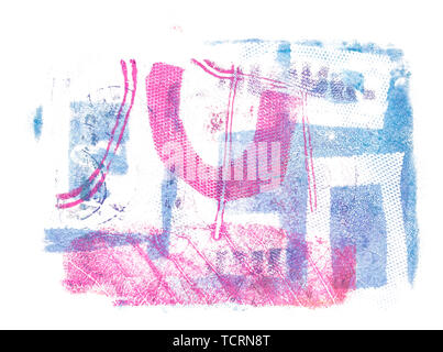 Vielschichtige abstrakte Acryl auf Aquarellpapier monoprint Hintergrund mit verschiedenen Texturen und geometrischen Formen in blau und rosa Farbtönen gemacht Stockfoto
