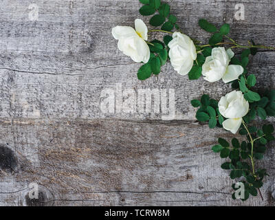 Schönen Zweig der Hagebutten mit blühenden Blumen, liegen auf Unlackierten, ausgefranste Boards. Für Ihre Anmeldung. Ansicht von oben, close-up. Herzlichen Glückwunsch! Stockfoto