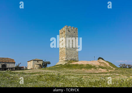 Byzantinischen Turm in Stadt Nea Fokea, Kassandra, Chalkidiki, Zentralmakedonien, Griechenland Stockfoto