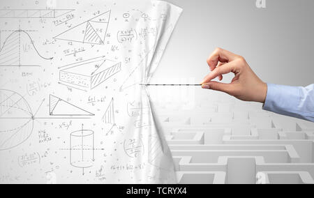 Hand Herausziehen des Papiers Vorhang, wechselnde Szene Konzept Stockfoto