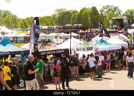 Clio, Michigan, USA. Juni 2019. Hightimes Cannabis Cup, Michigan. Riesige Menschenmassen auf dem Auto City Speedway zum ersten Cannabis Cup in Michigan nach der Legalisierung. Stockfoto