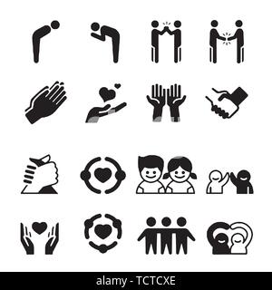 Freundschaft und Liebe Zeile für Symbole. Interaktion, gegenseitiges Verständnis und Unterstützung. Vertrauen Handshake, soziale Verantwortung, gegenseitige Liebe Symbole. Stock Vektor