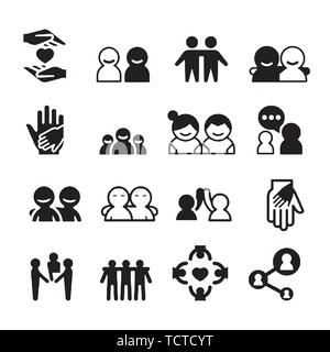Freundschaft und Liebe Zeile für Symbole. Interaktion, gegenseitiges Verständnis und Unterstützung. Vertrauen Handshake, soziale Verantwortung, gegenseitige Liebe Symbole. Stock Vektor