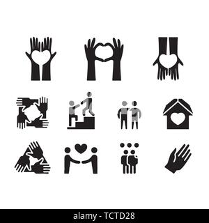 Freundschaft und Liebe Zeile für Symbole. Interaktion, gegenseitiges Verständnis und Unterstützung. Vertrauen Handshake, soziale Verantwortung, gegenseitige Liebe Symbole. Stock Vektor
