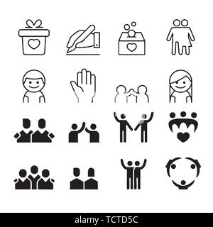 Freundschaft und Liebe Zeile für Symbole. Interaktion, gegenseitiges Verständnis und Unterstützung. Vertrauen Handshake, soziale Verantwortung, gegenseitige Liebe Symbole. Stock Vektor