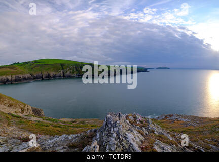 Mwnt, Wales - 23. Mai 2019: Abendlicht auf die ceredigion Küste und Strickjacke Insel von Traeth Mwnt, Wales, Großbritannien Stockfoto