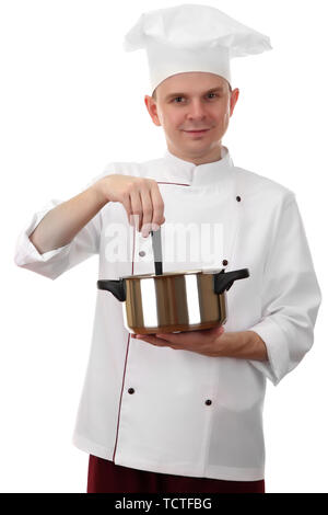 Portrait von Chef mit auf Weiß isoliert Pan Stockfoto