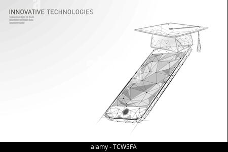 E-learning Abstand Absolvent über Smartphones. Zertifikat Programm Konzept. Low Poly 3D-Render Skalenhaube modernes Design banner Vorlage. Internet Stock Vektor