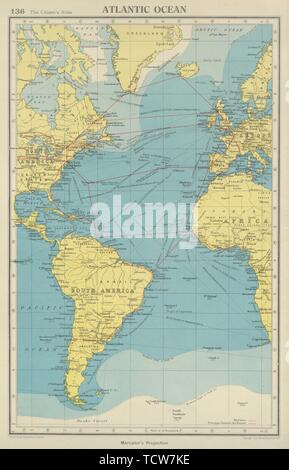 Atlantik. Zeigt die wichtigsten Luft- und Versandkosten Routen, Drift/pack Eis grenzen Karte 1947 Stockfoto